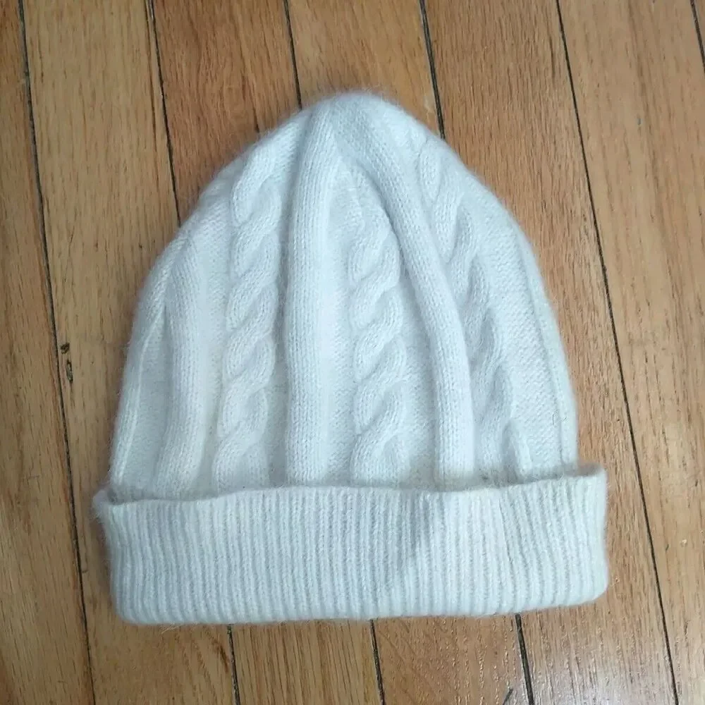 Capelli New York Beanie Hat Girl White Cable Knit Cuffed Angora Lambswool